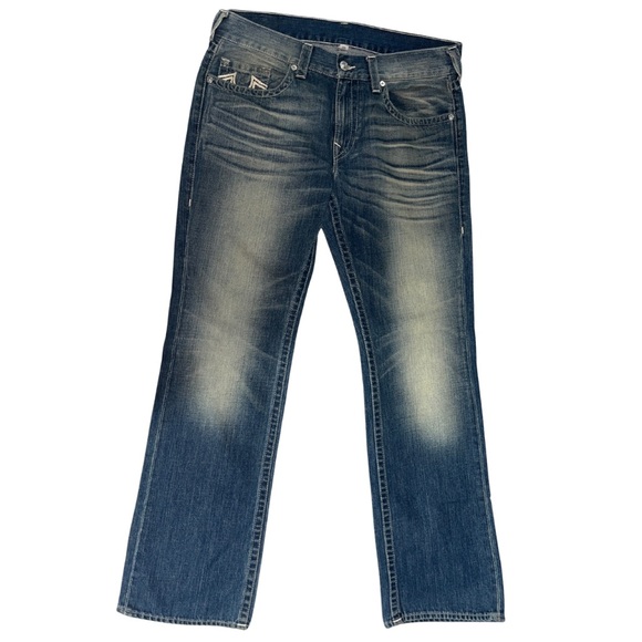 True Religion Blue Straight Jeans with Fading and Whiskering - Picture 2 of 5